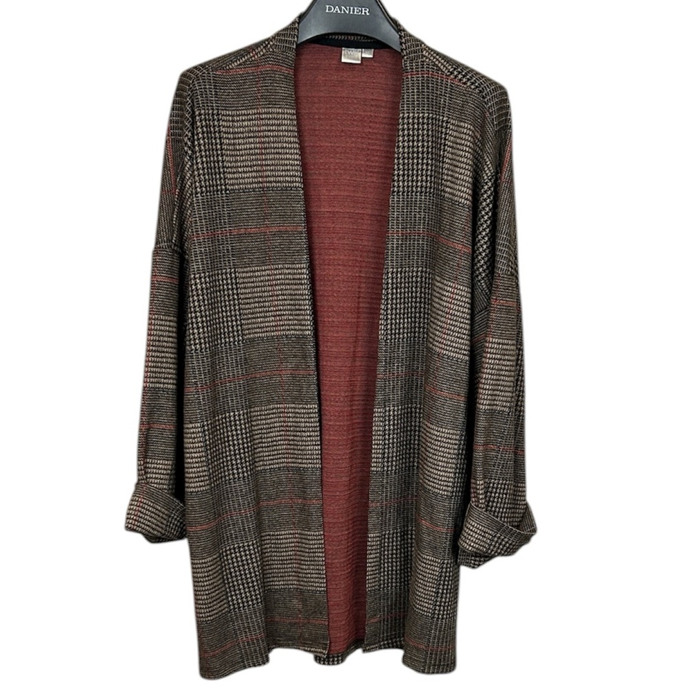 Twik by Simons Plaid Open Front Cardigan G/L Women’s Brown Check Pattern